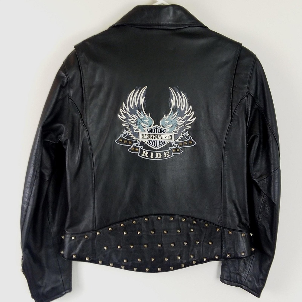 VTG Harley Davidson Womens L Leather Wing Motorcycle Jacket Studded Black Biker - Picture 3 of 16